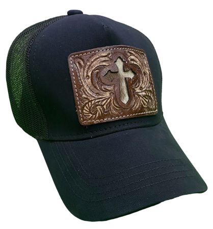 Women's Ponytail Adjustable Baseball Cap - Cross Hair on Cowhide Inlay&#47;Tooled Leather #3